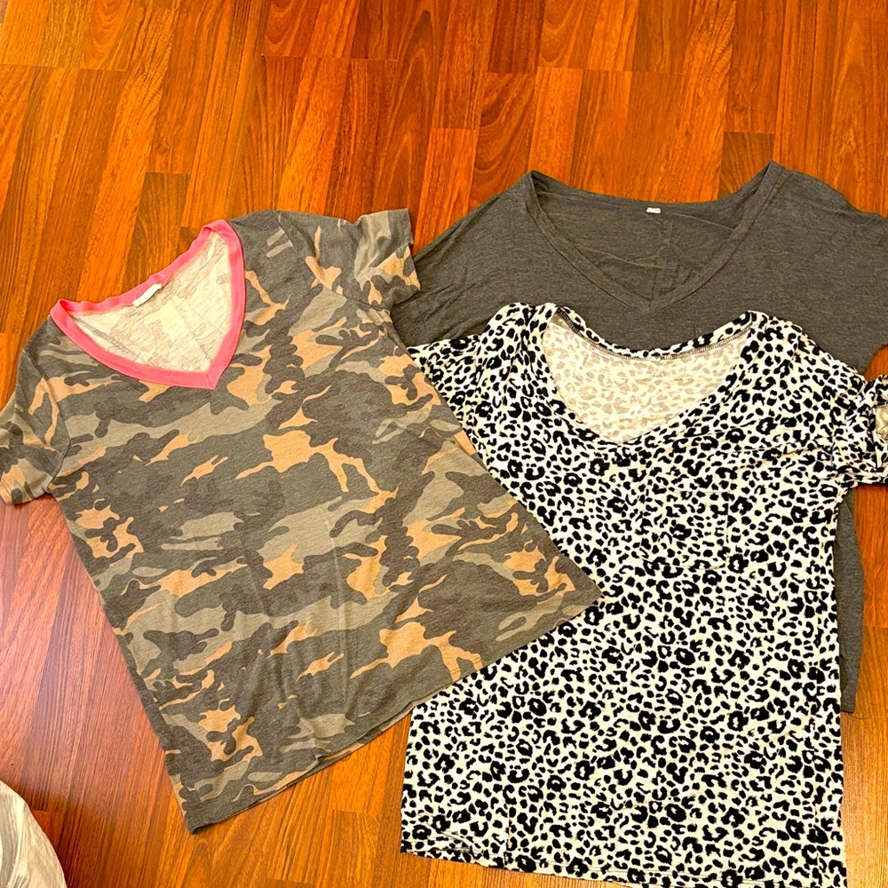 GUC Camo, Leopard, and Gray V-Neck T-Shirts tunic style size large